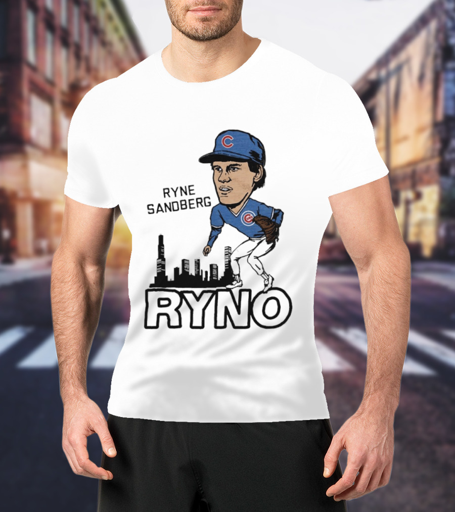 Ryne Sandberg Ryno Chicago Cubs Cartoon Skyline T-Shirt