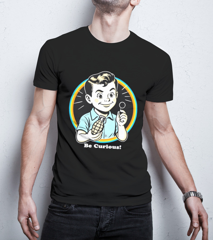 Be Curious Retro Comic Style Boy Holding Grenade And Pin T-Shirt