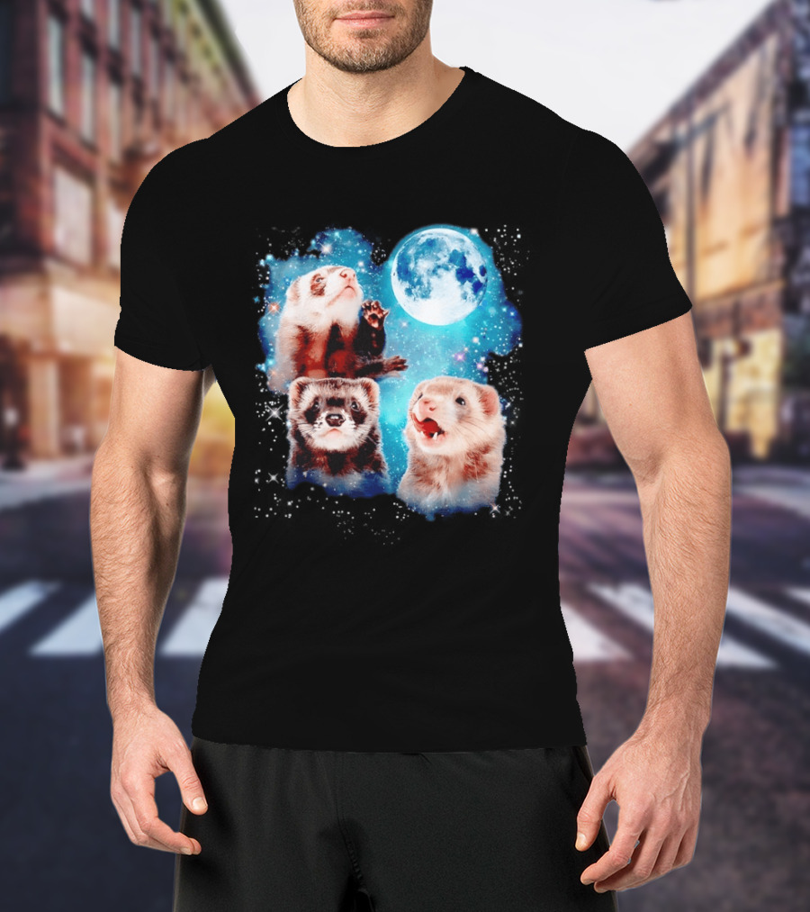 Ferret Trio With Full Moon And Starlit Sky T-Shirt