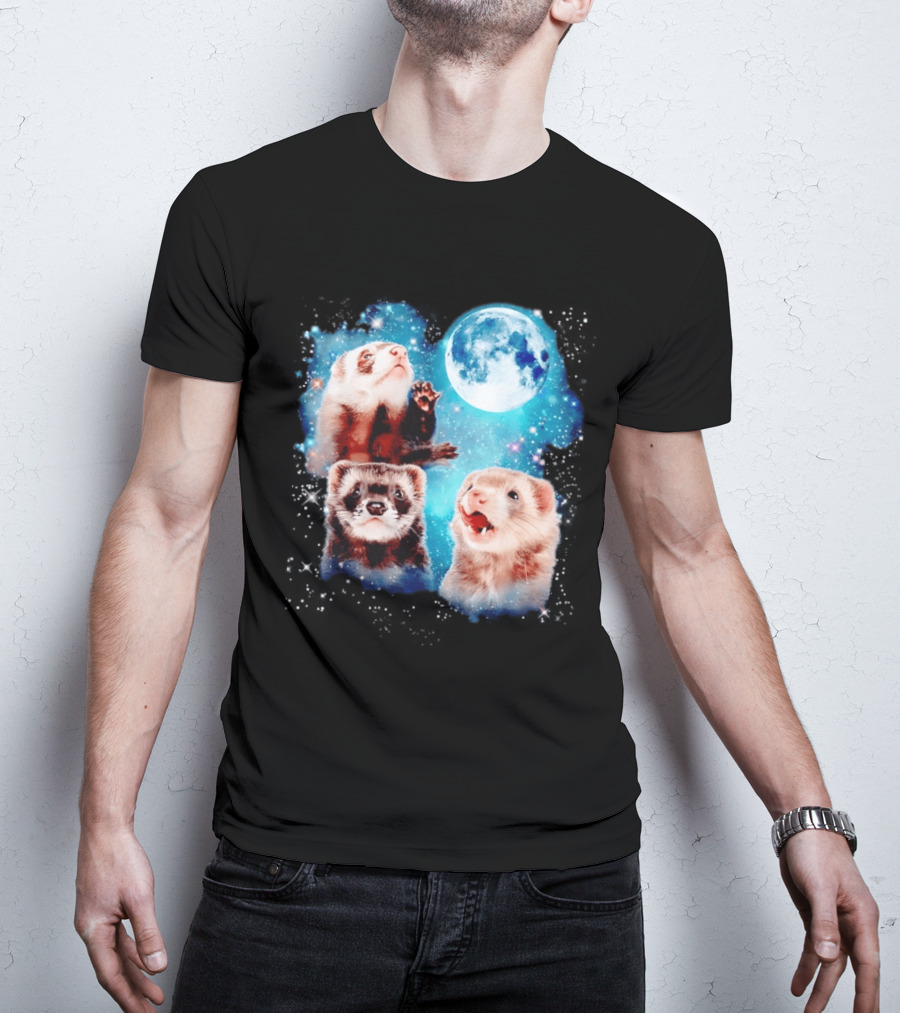 Ferret Trio With Full Moon And Starlit Sky T-Shirt