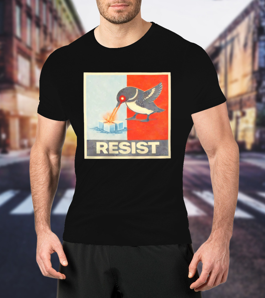 Resist Penguin Melting Ice Laser Eyes Red Blue Split T-Shirt