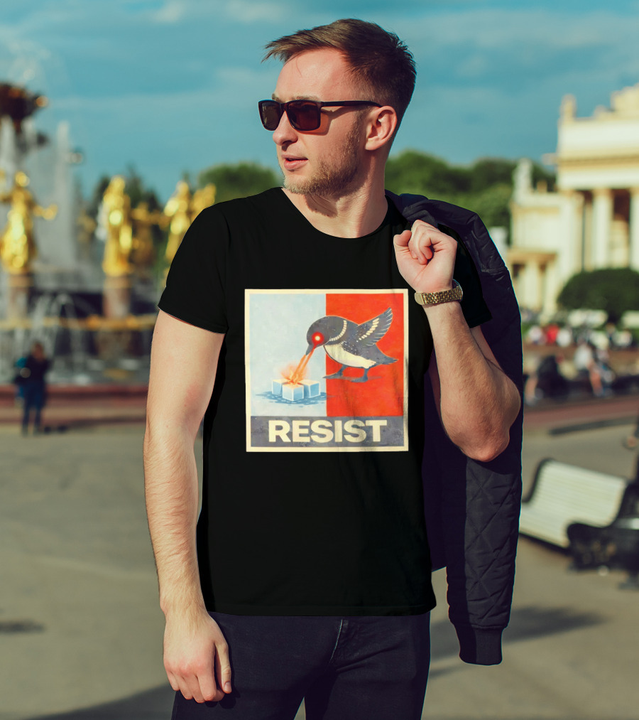 Resist Penguin Melting Ice Laser Eyes Red Blue Split T-Shirt