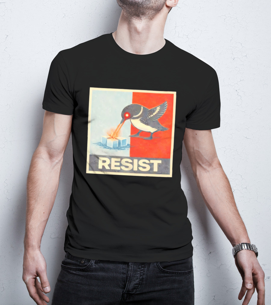 Resist Penguin Melting Ice Laser Eyes Red Blue Split T-Shirt