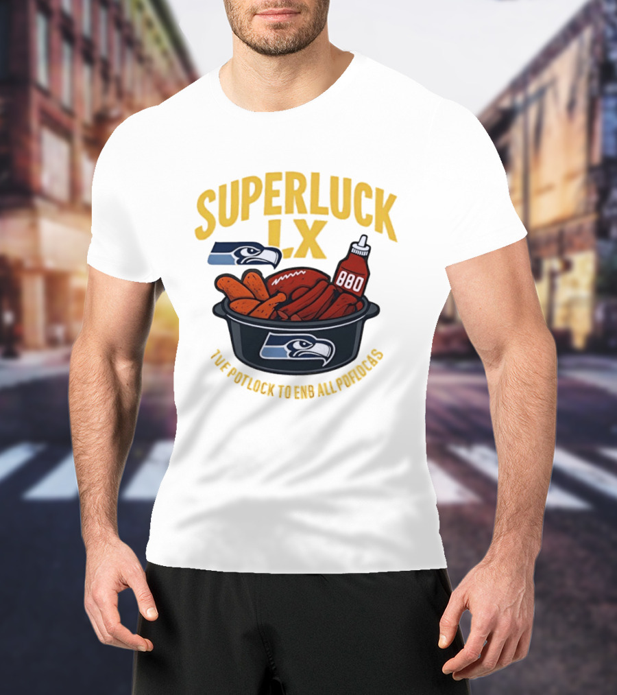 SuperLuck LX Seattle Seahawks Potluck BBQ Football T-Shirt