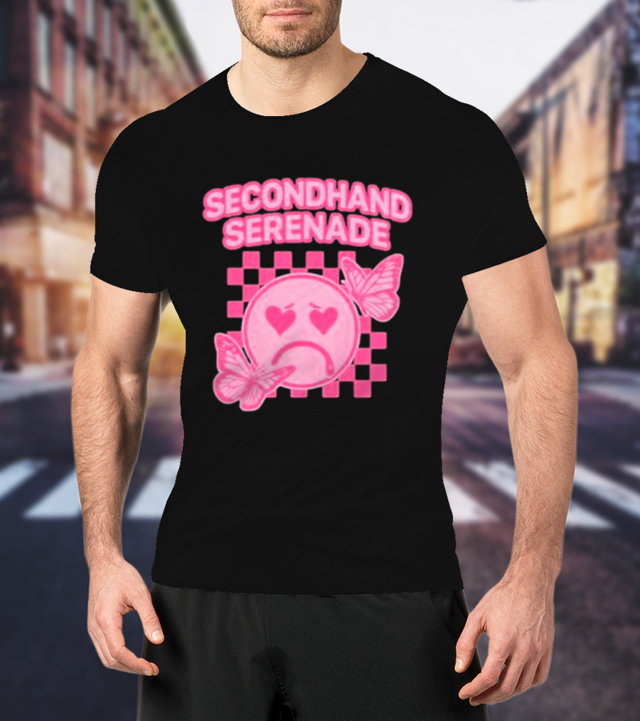 Secondhand Serenade Sad Emo Pink Heartbroken Face With Butterflies T-Shirt