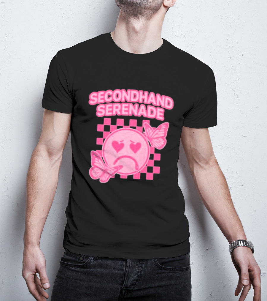 Secondhand Serenade Sad Emo Pink Heartbroken Face With Butterflies T-Shirt