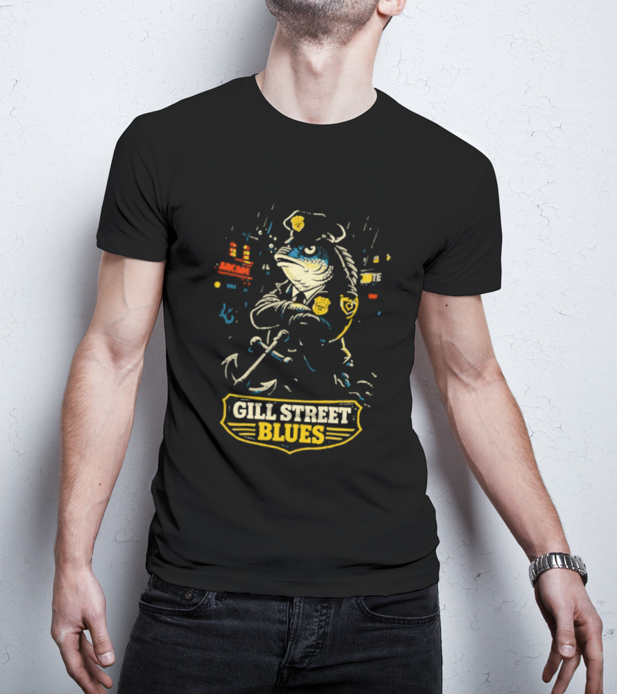 Gill Street Blues Police Fish Retro Cartoon T-Shirt