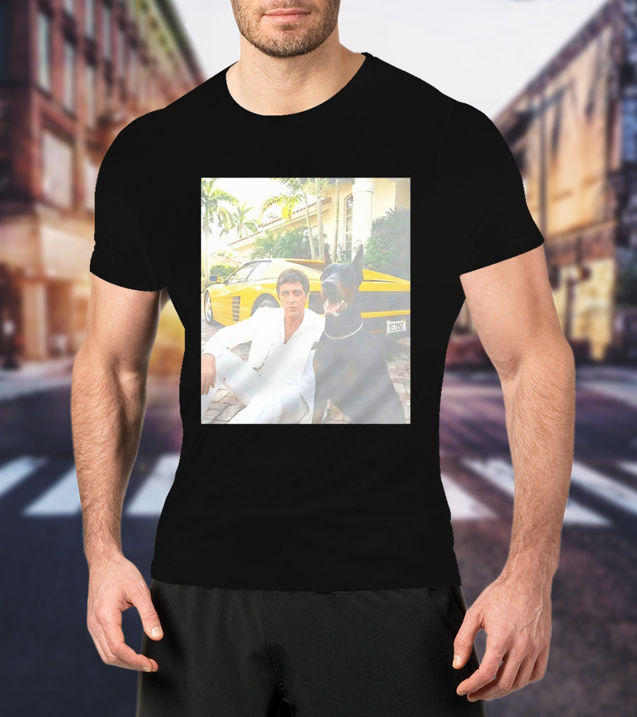 Tony Montana With Dog In Front Of Yellow Sports Car Scene From Scarface T-Shirt