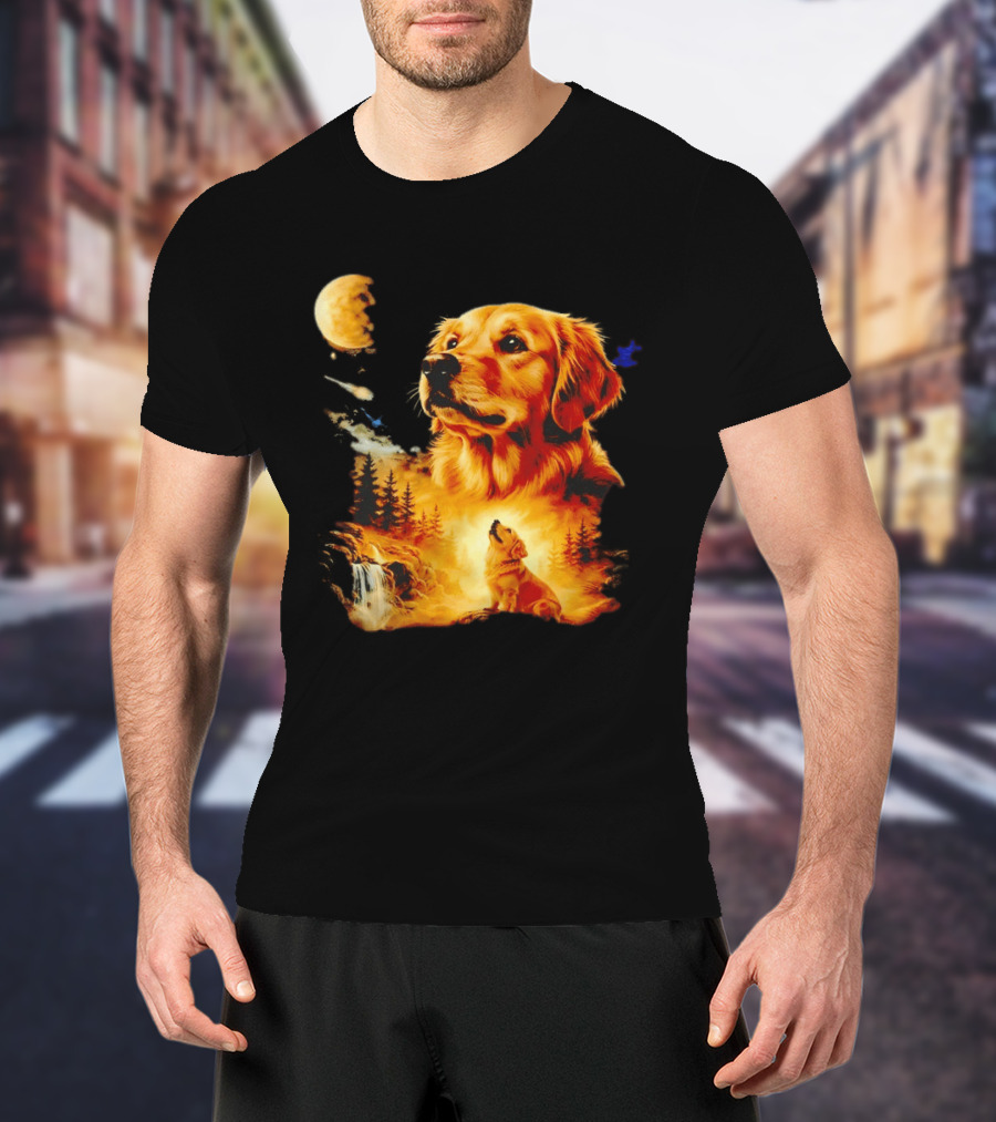 Golden Retriever Majestic Night Howl At Moonlit Waterfall T-Shirt
