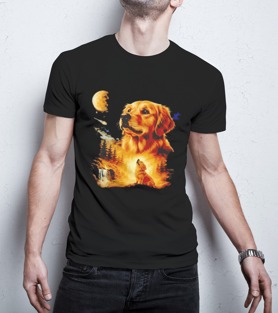 Golden Retriever Majestic Night Howl At Moonlit Waterfall T-Shirt