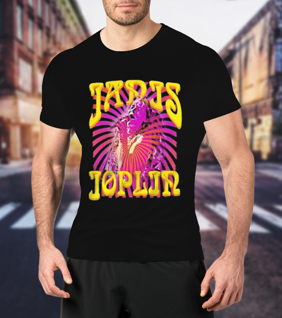 Janis Joplin Psychedelic Swirl Vibrant Yellow Text Pink Burst T-Shirt