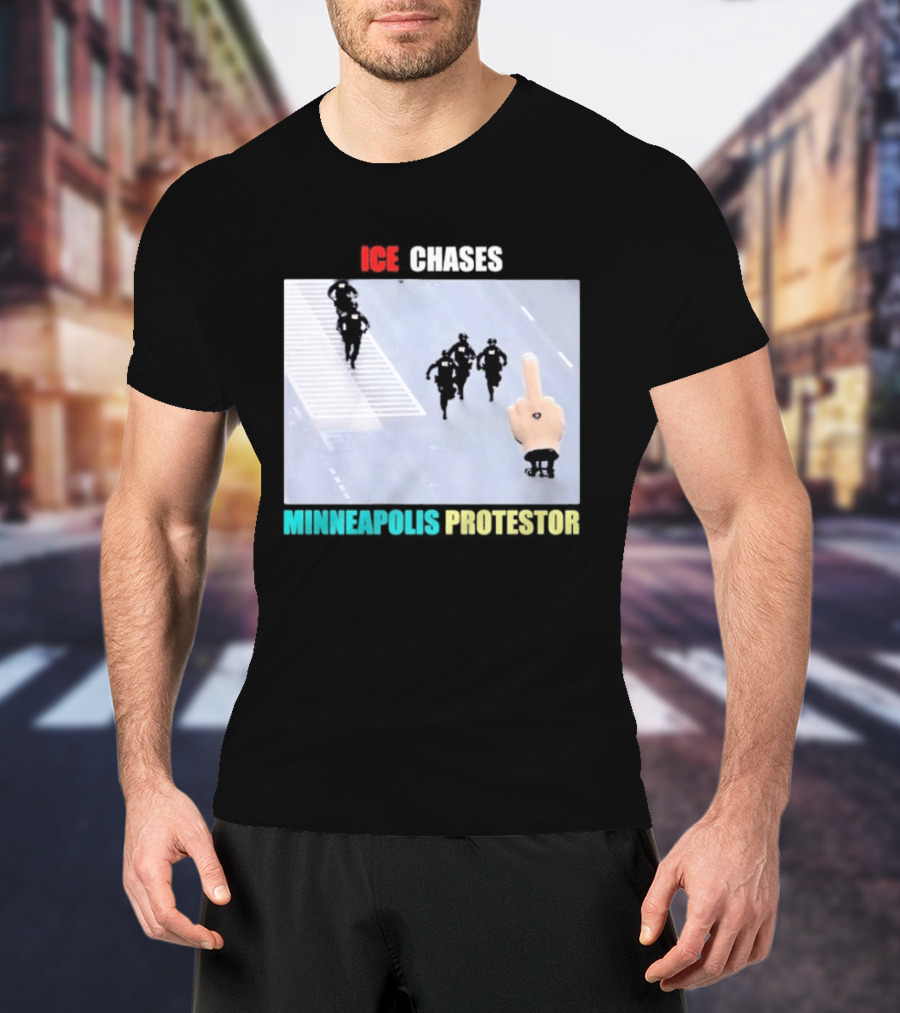 ICE Chases Minneapolis Protestor Middle Finger Gesture T-Shirt