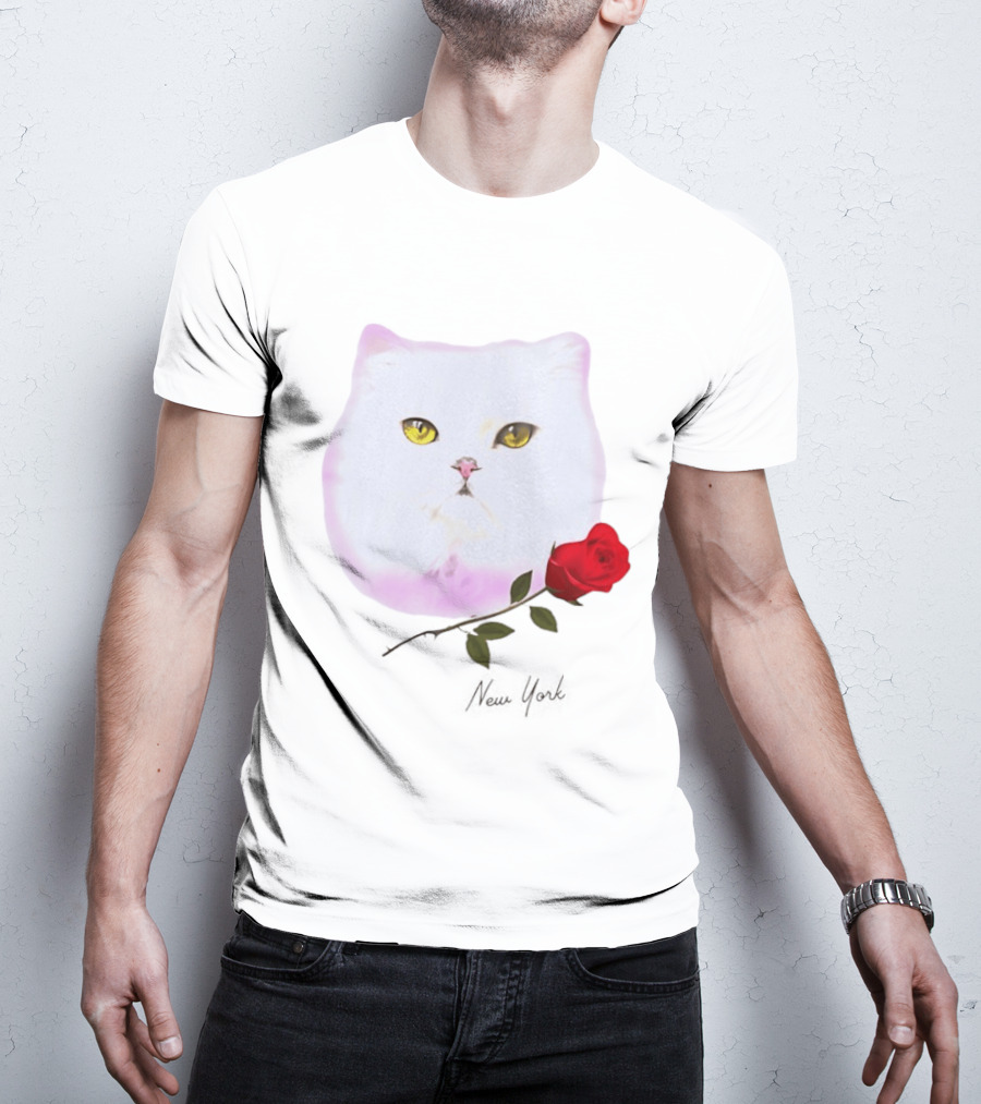 Cat Rose New York White Cat Face Yellow Eyes Red Rose T-Shirt