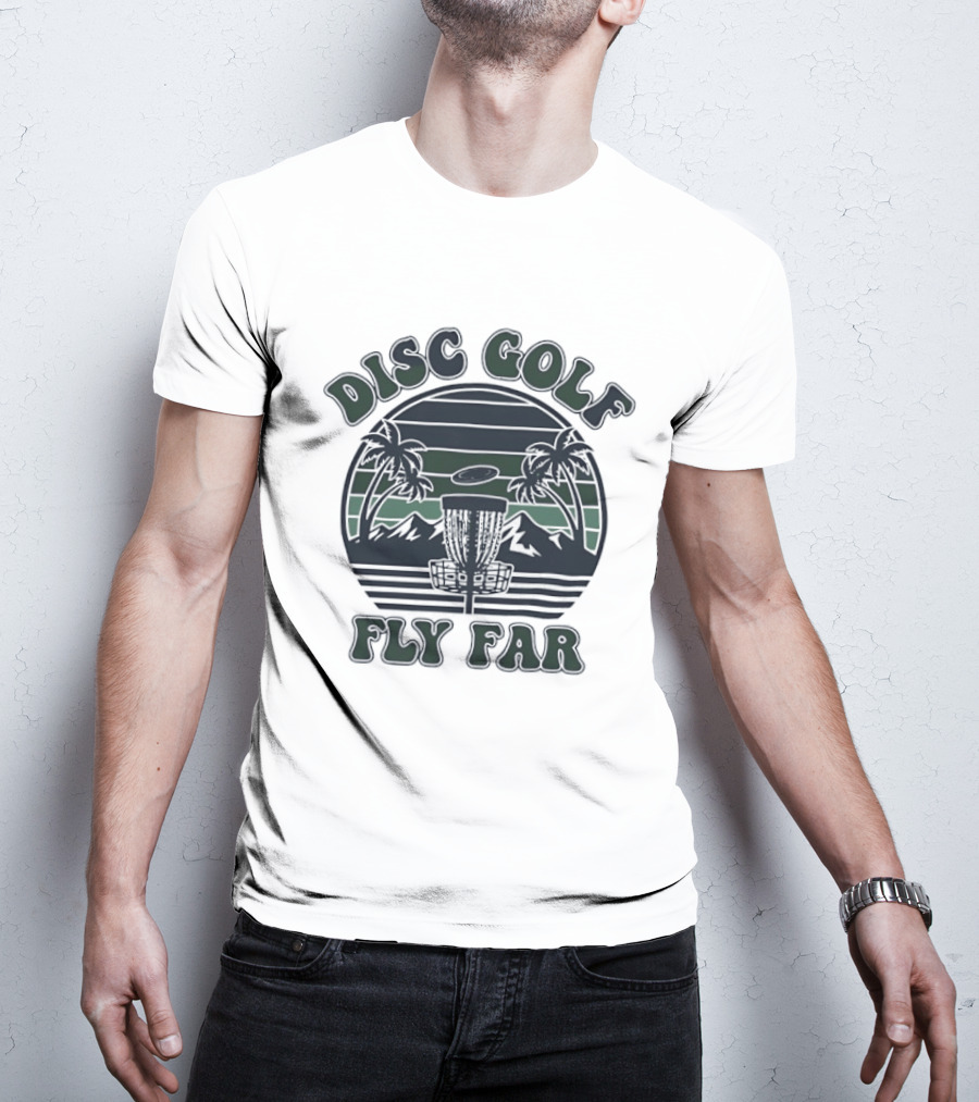 Disc Golf Fly Far Sunset Palm Trees Mountains T-Shirt