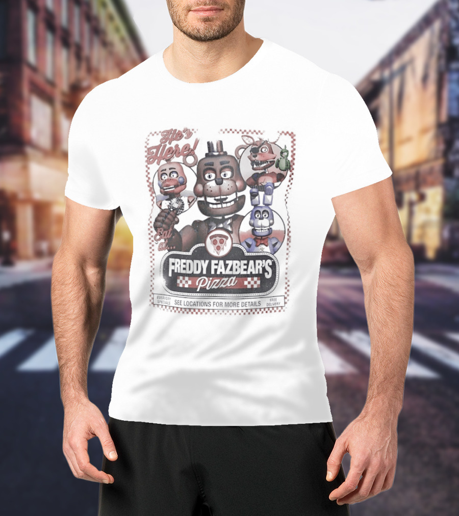 Five Nights At Freddy's He's Here Freddy Fazbear's Pizza Party T-Shirt