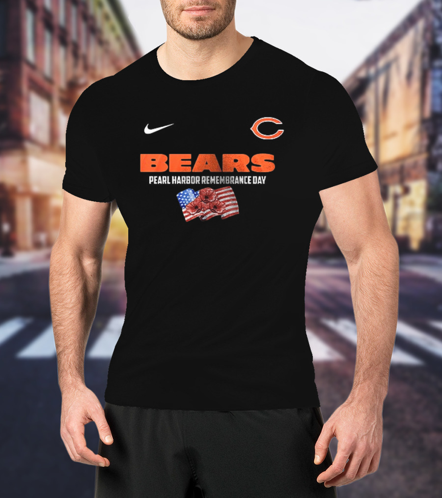 Nike Chicago Bears We Remember Pearl Harbor American Flag Poppies T-Shirt