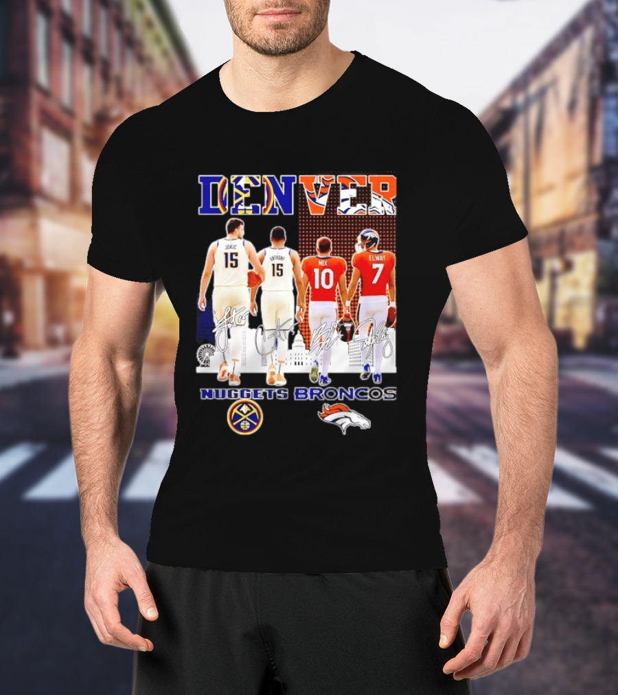 Denver Nuggets Broncos Jokic Anthony Nix Elway City Skyline Basketball Football T-Shirt