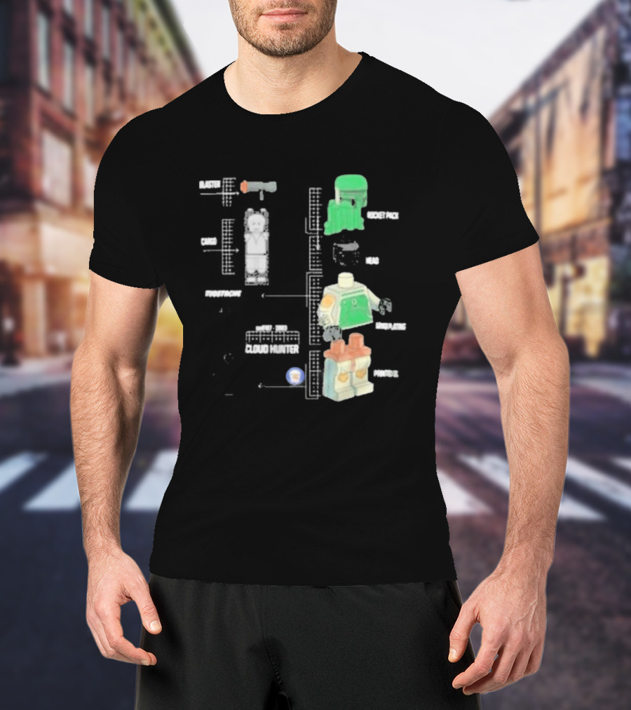 Studstache Cloud Hunter Blueprint With Block Figures And Sci Fi T-Shirt
