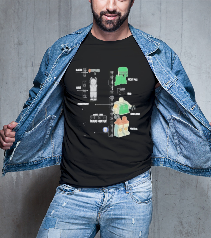 Studstache Cloud Hunter Blueprint With Block Figures And Sci Fi T-Shirt