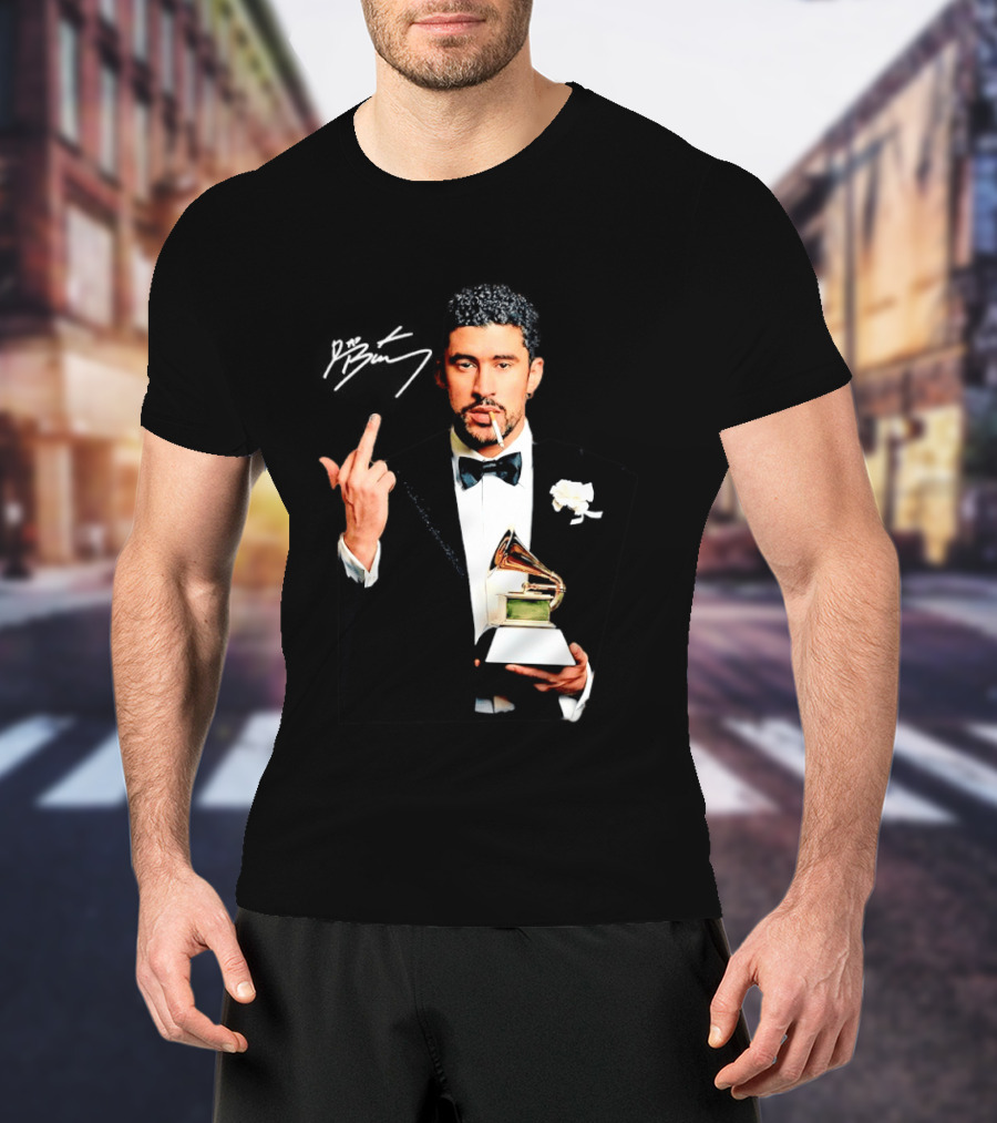 Bad Bunny Smoking Middle Finger Holding Grammy 2026 T-Shirt