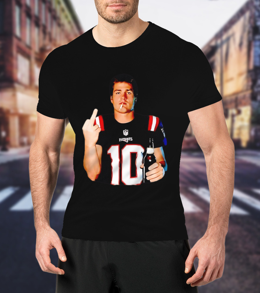 Drake Maye Middle Finger Smoking Holding Beer Can New England Patriots 10 T-Shirt