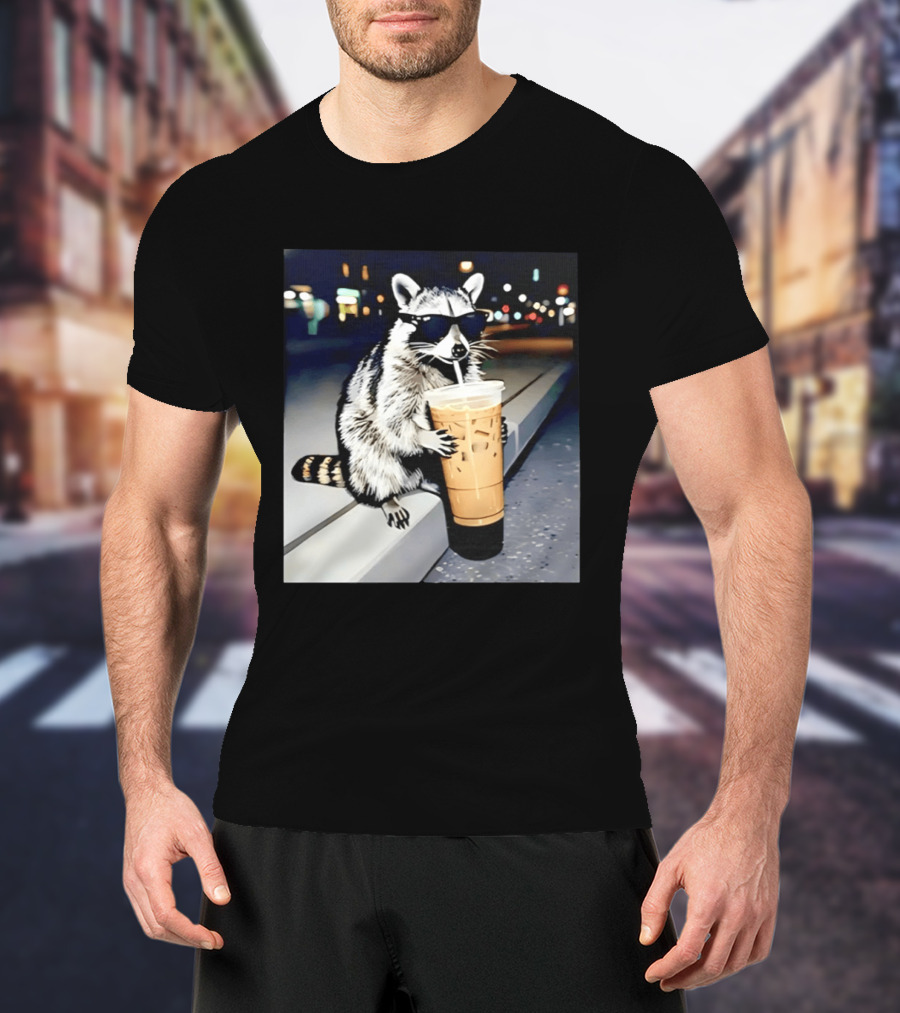 Raccoon Wearing Sunglasses Enjoying Iced Coffee Night Scene T-Shirt