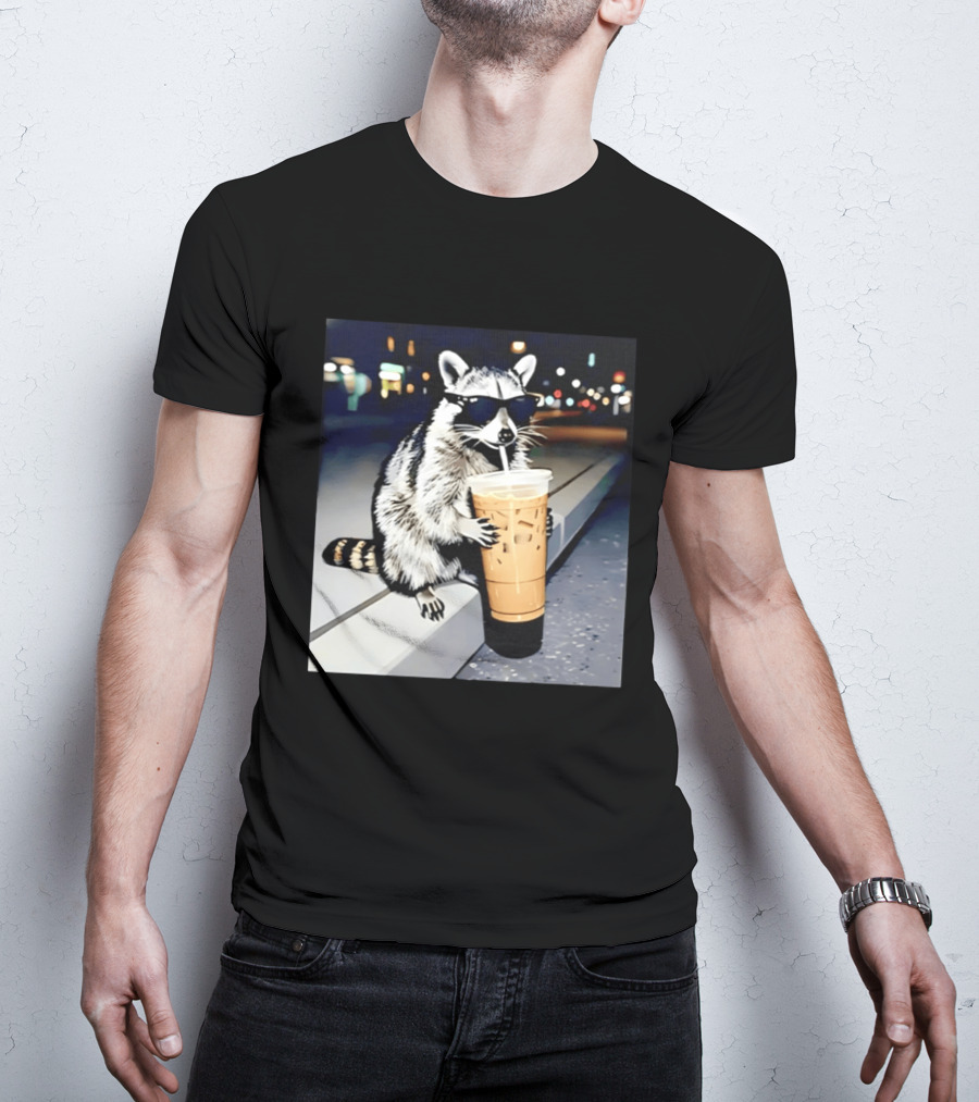Raccoon Wearing Sunglasses Enjoying Iced Coffee Night Scene T-Shirt