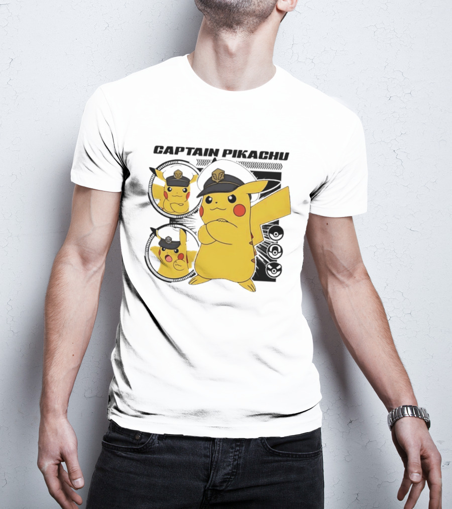 Captain Pikachu Cartoon Character With Hat And Expressions T-Shirt