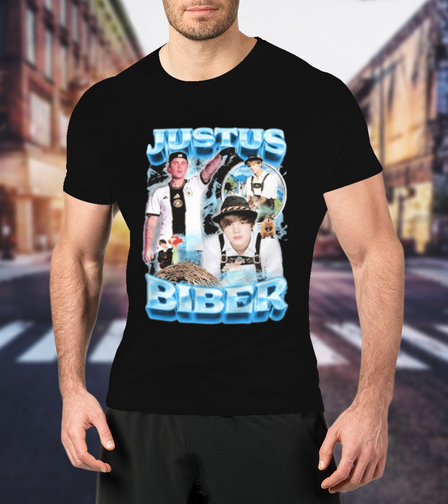 Justus Biber Justin Bieber Bavarian Inspired Collage Football Lederhosen T-Shirt