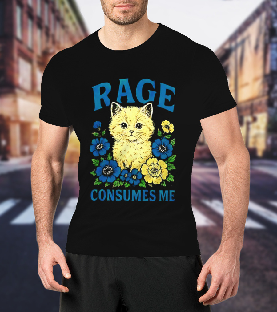 Rage Consumes Me Cat Surrounded By Blue And Yellow Flowers T-Shirt