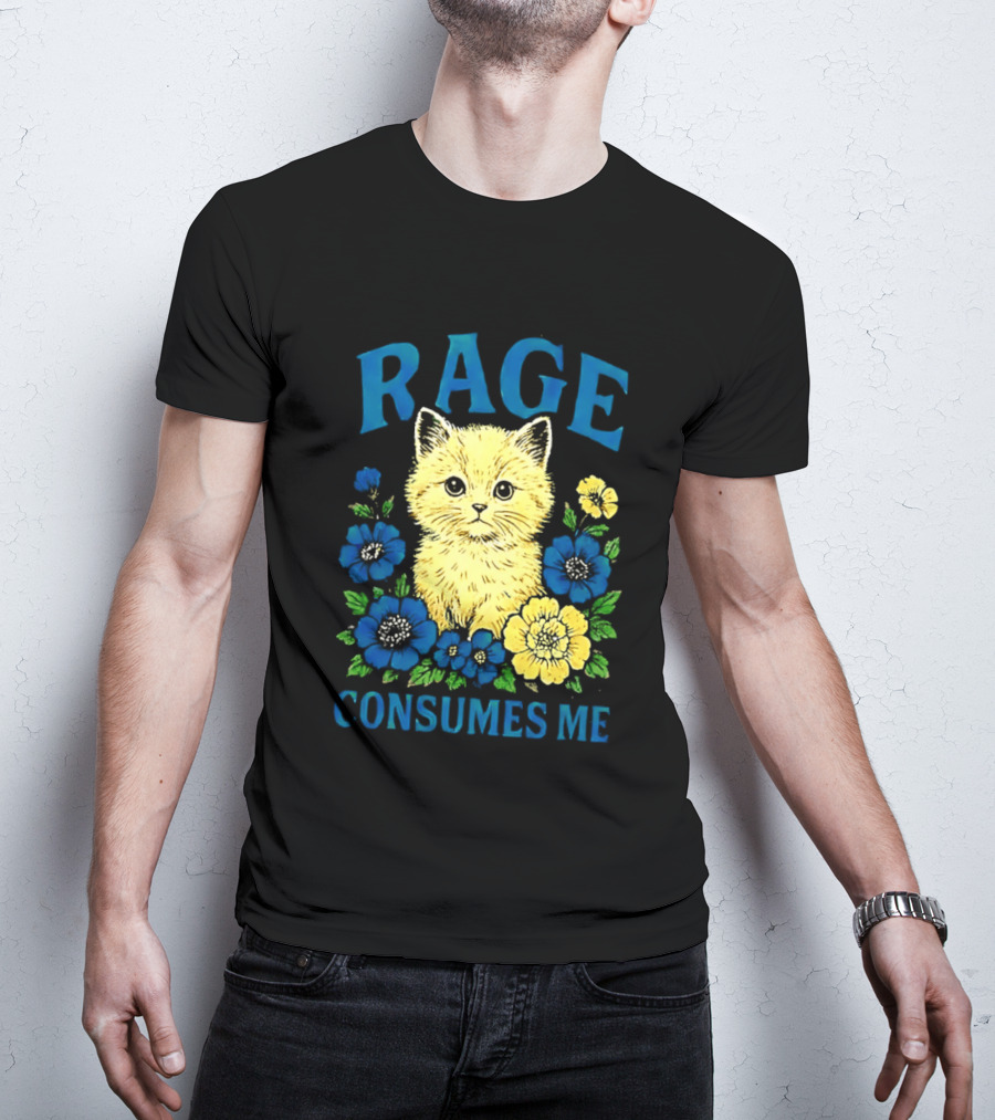 Rage Consumes Me Cat Surrounded By Blue And Yellow Flowers T-Shirt