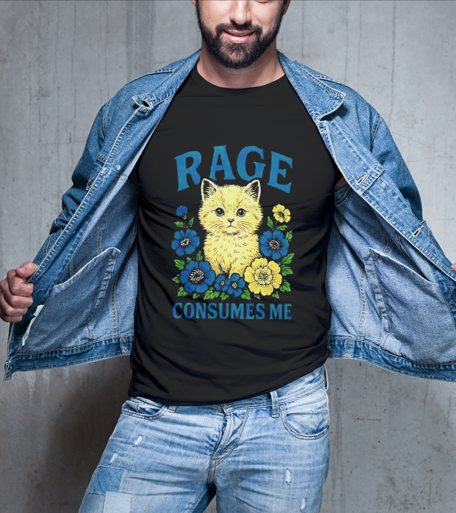 Rage Consumes Me Cat Surrounded By Blue And Yellow Flowers T-Shirt