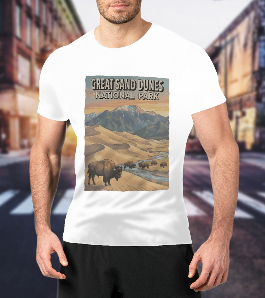 Great Sand Dunes National Park With Buffalo And Mountains Scene T-Shirt