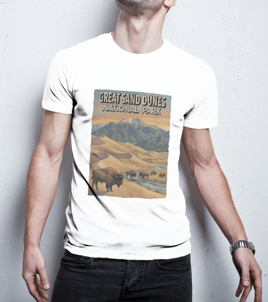 Great Sand Dunes National Park With Buffalo And Mountains Scene T-Shirt