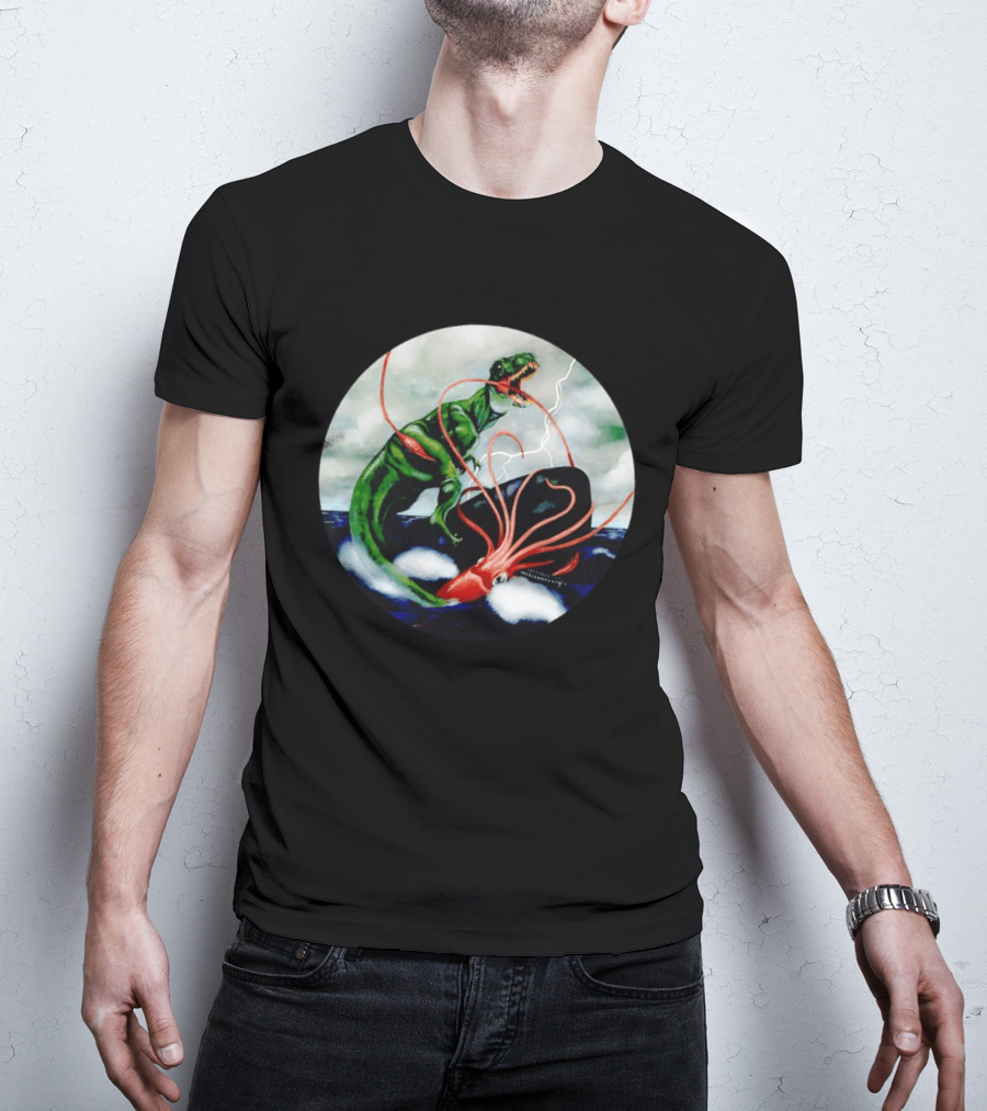 Dinosaur And Giant Squid Battle On Stormy Sea T-Shirt