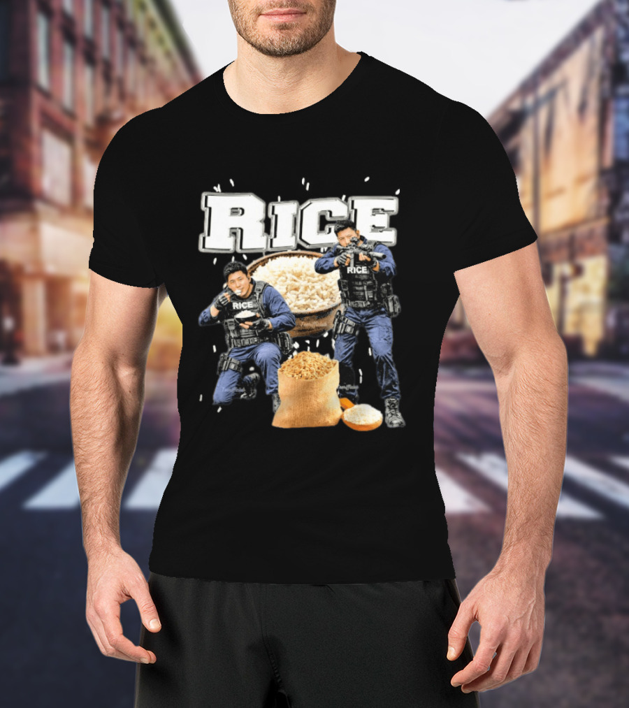 Rice Police Action Squad With Officers And Rice Bags T-Shirt