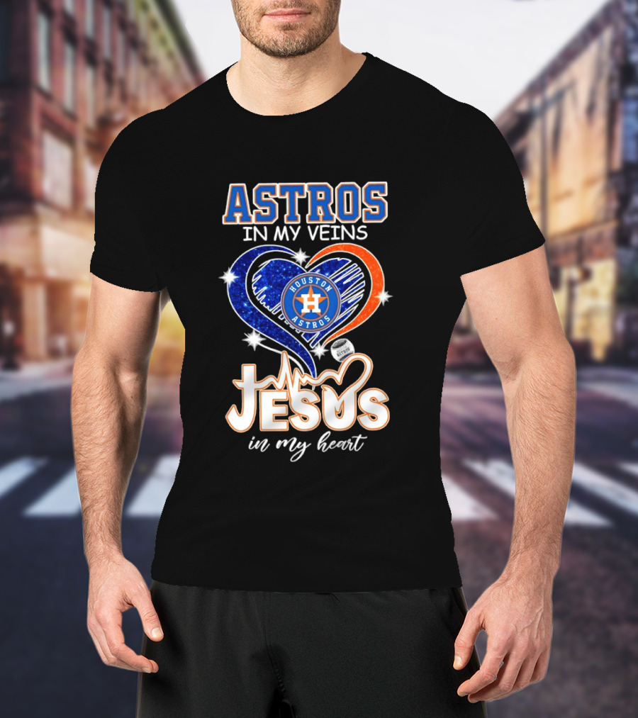 Houston Astros In My Veins Jesus In My Heart Heartbeat Diamond Shape T-Shirt