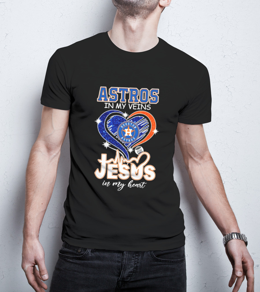 Houston Astros In My Veins Jesus In My Heart Heartbeat Diamond Shape T-Shirt