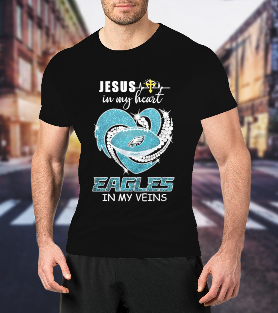 Jesus In My Heart Eagles In My Veins Diamond Heart Shape Football T-Shirt