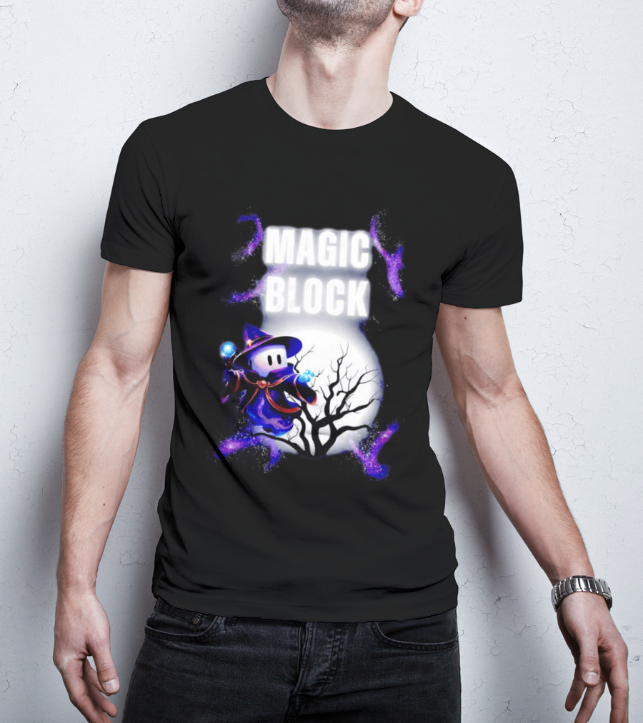 Magic Block Wizard With Glowing Orbs And Mystical Tree T-Shirt