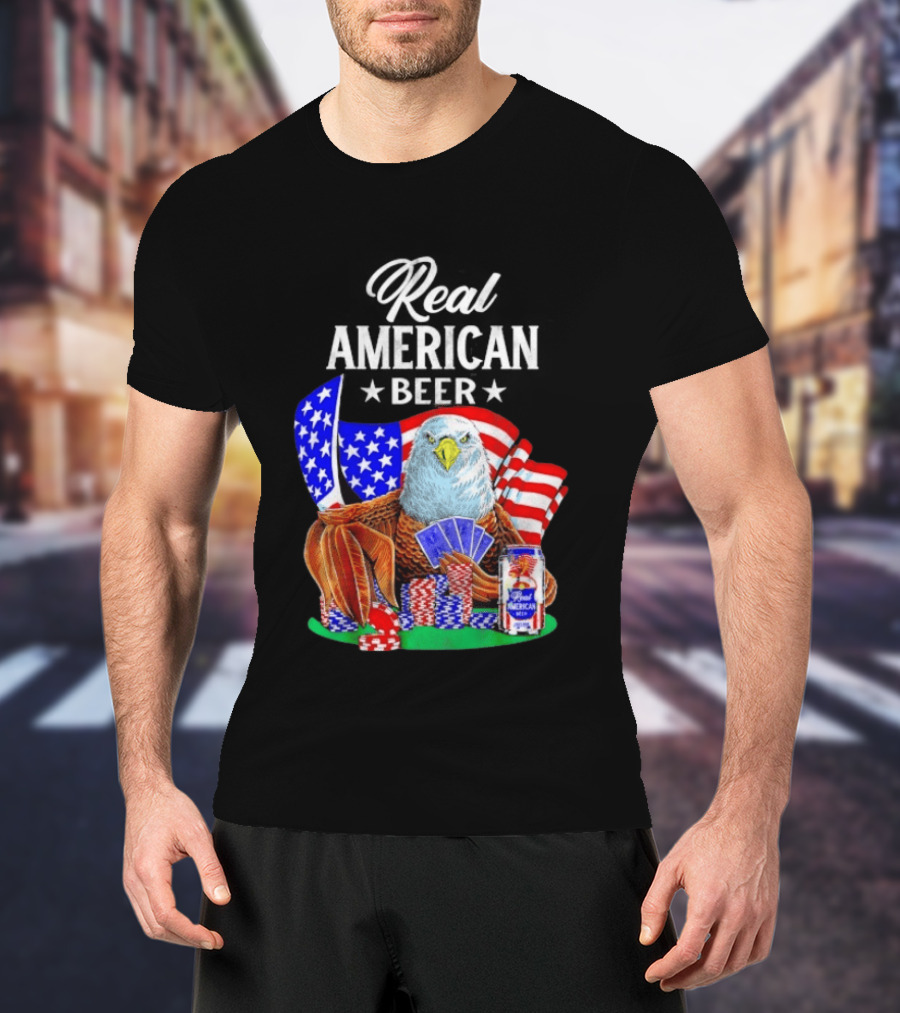 Real American Eagle Poker With Beer And Flag T-Shirt