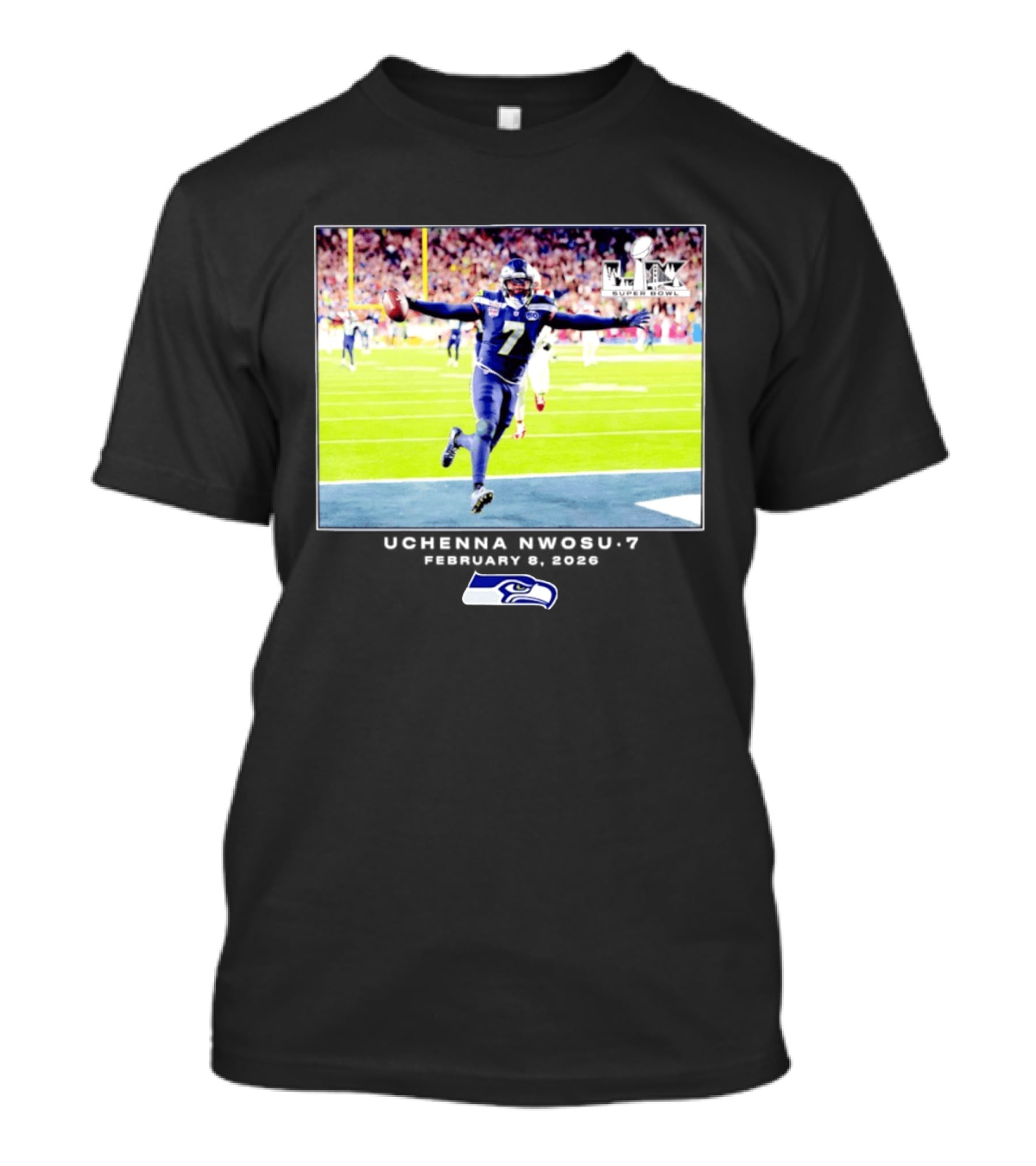 Uchenna Nwosu Seattle Seahawks Super Bowl Celebration Photo 2026 T-Shirt