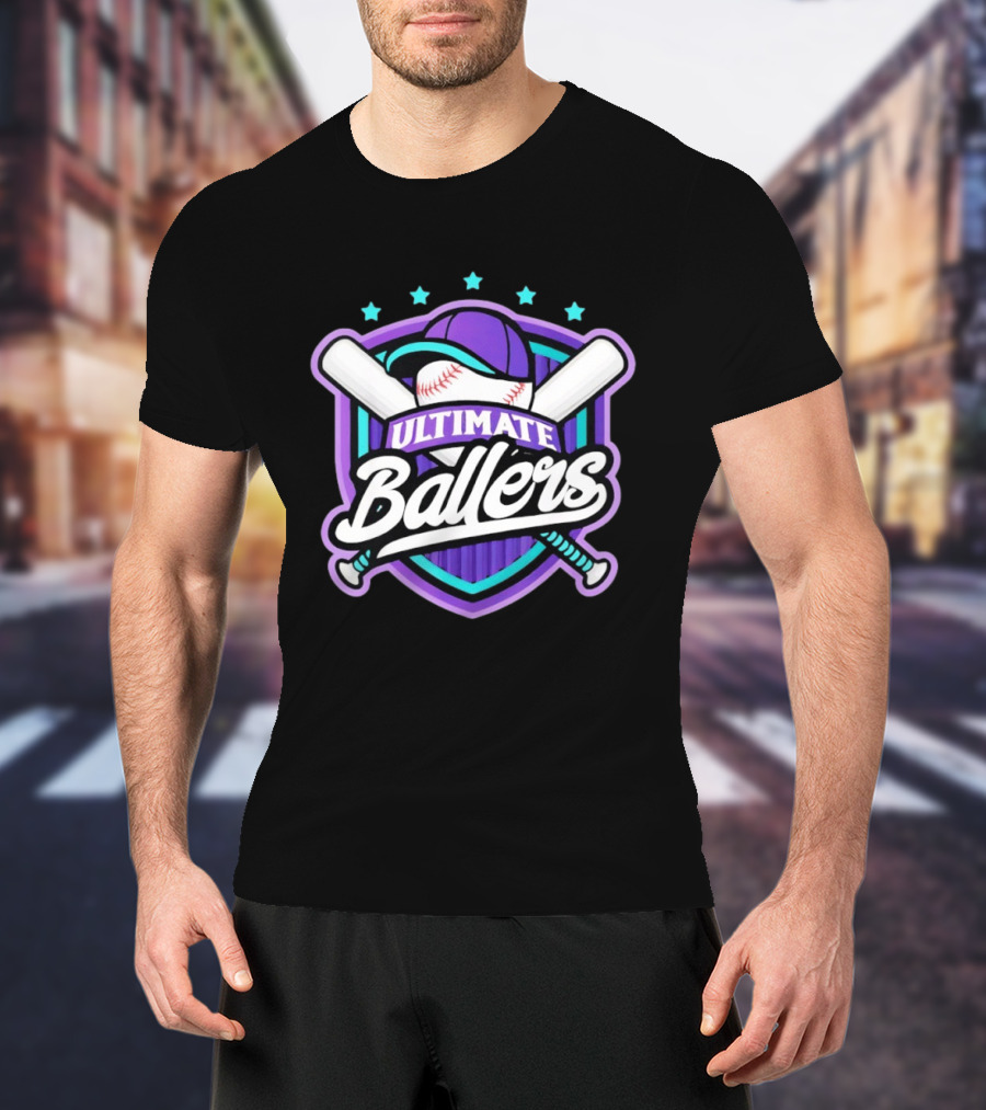 Ultimate Ballers Baseball Purple Cap Bats Retro Five Stars T-Shirt