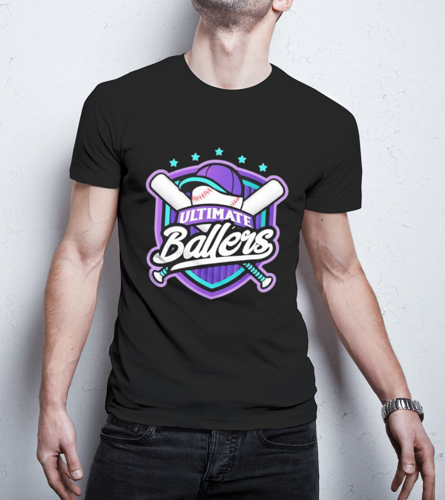 Ultimate Ballers Baseball Purple Cap Bats Retro Five Stars T-Shirt