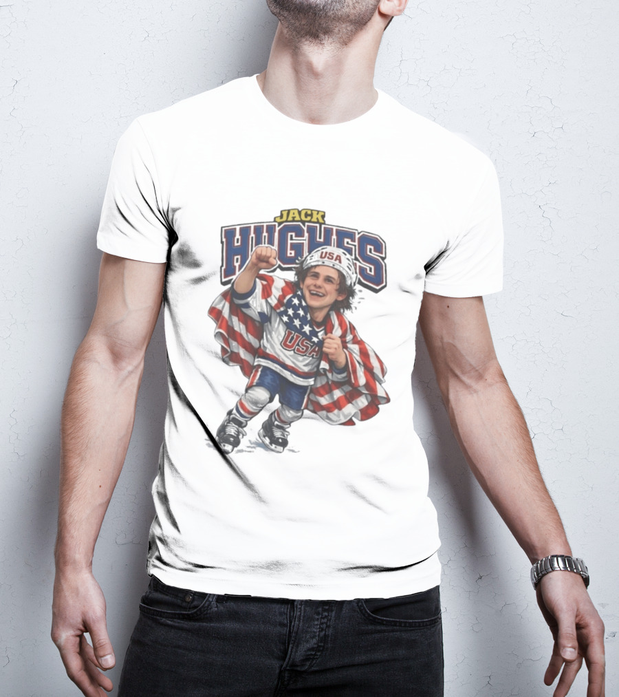 Jack Hughes USA Hockey Caricature American Flag T-Shirt