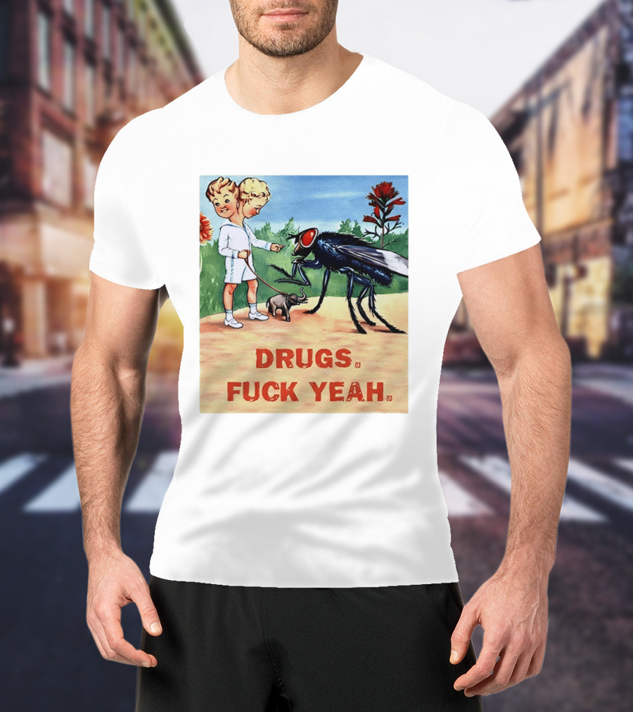 DRUGS FUCK YEAH Retro Cartoon Big Fly Tiny Elephant T-Shirt