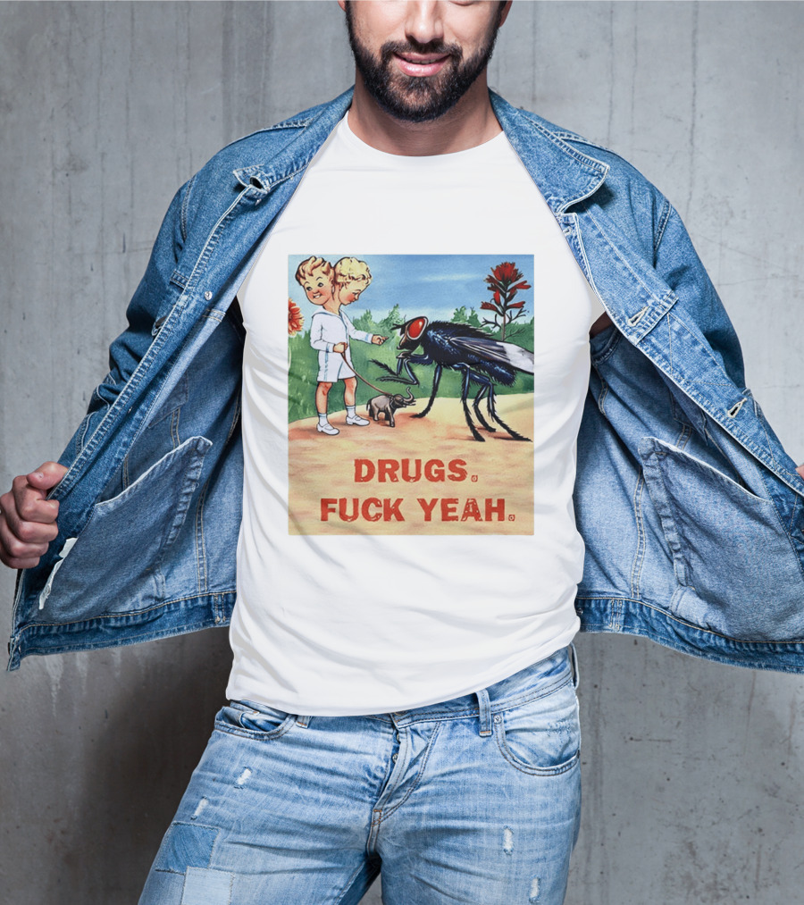 DRUGS FUCK YEAH Retro Cartoon Big Fly Tiny Elephant T-Shirt