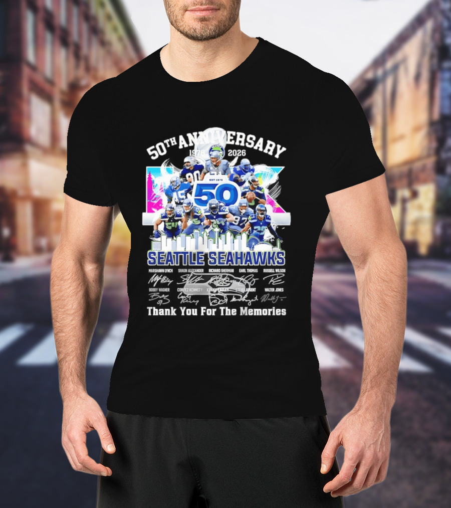 Seattle Seahawks 50th Anniversary Est 1976 Players City Skyline T-Shirt