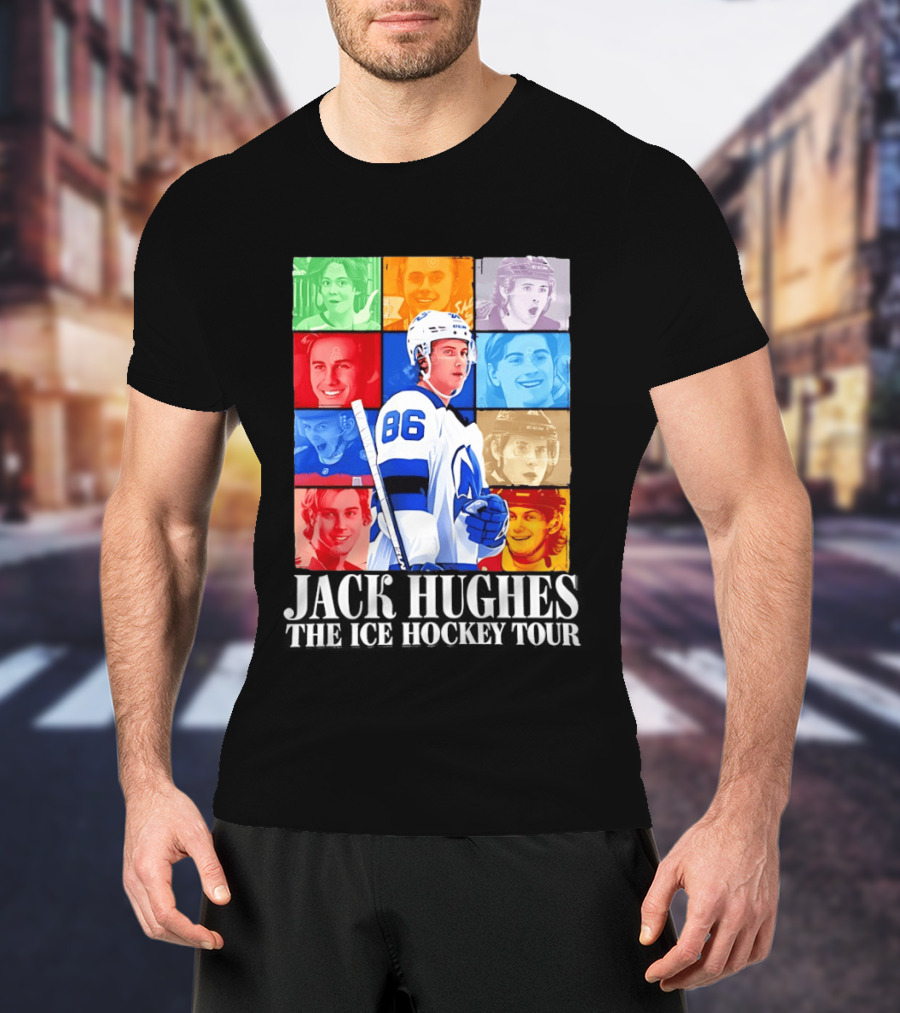 Jack Hughes 86 The Ice Hockey Tour Colorful Portrait Compilation T-Shirt
