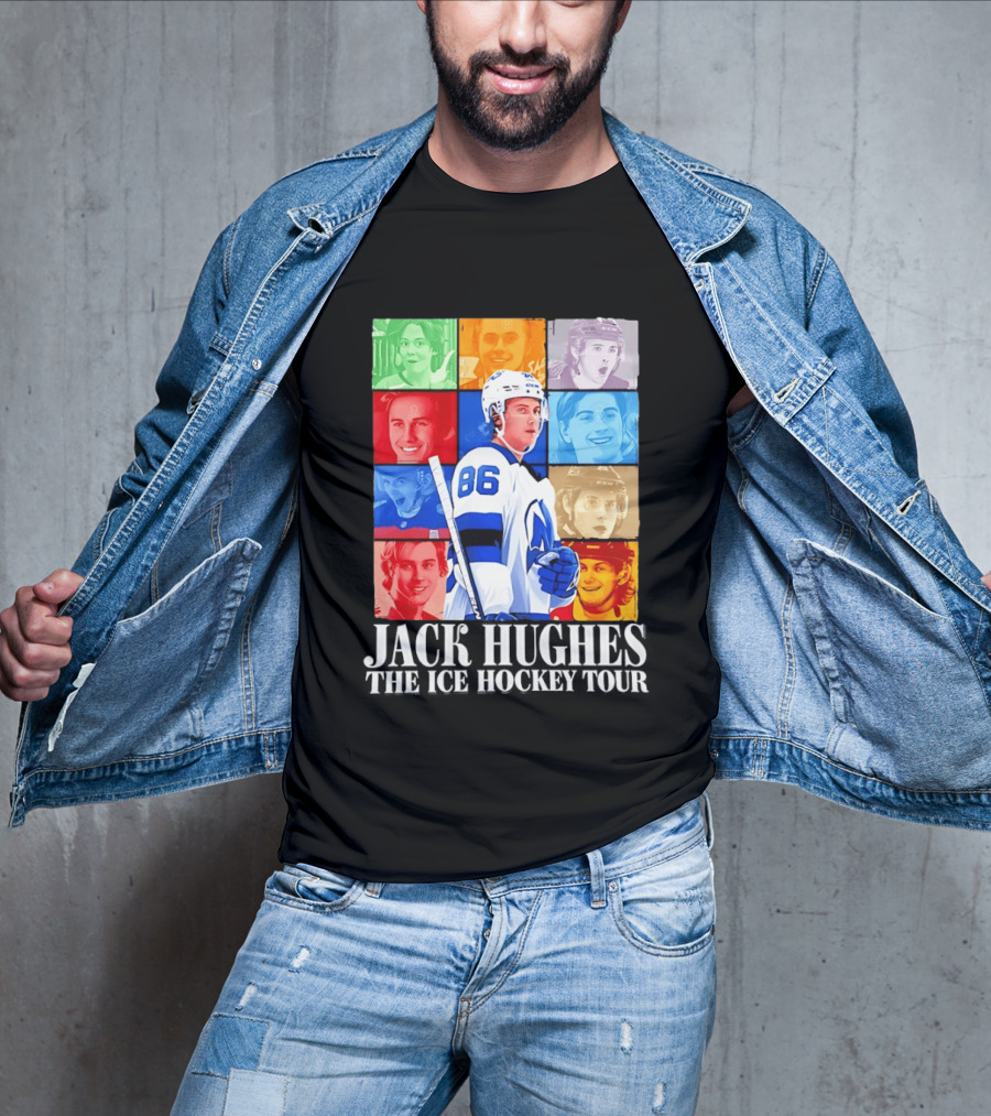 Jack Hughes 86 The Ice Hockey Tour Colorful Portrait Compilation T-Shirt